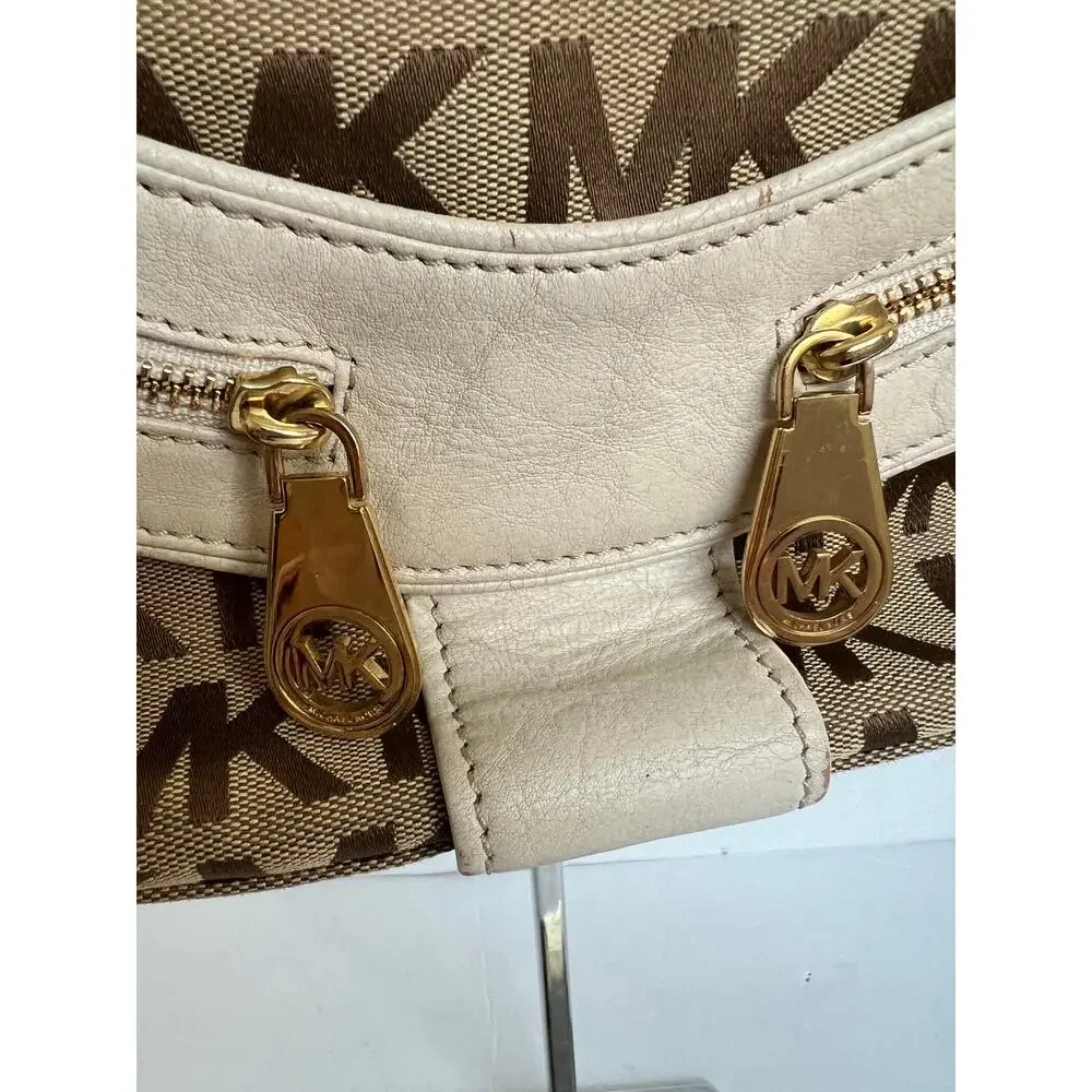 Michael Kors Signature Brown Canvas with‎ White Leather Shoulder/Hand Bag Purse